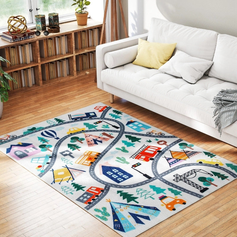 Tappeto moderno con motivo strada, multicolore, in poliestere, morbido e antiscivolo, 160 x 120 cm