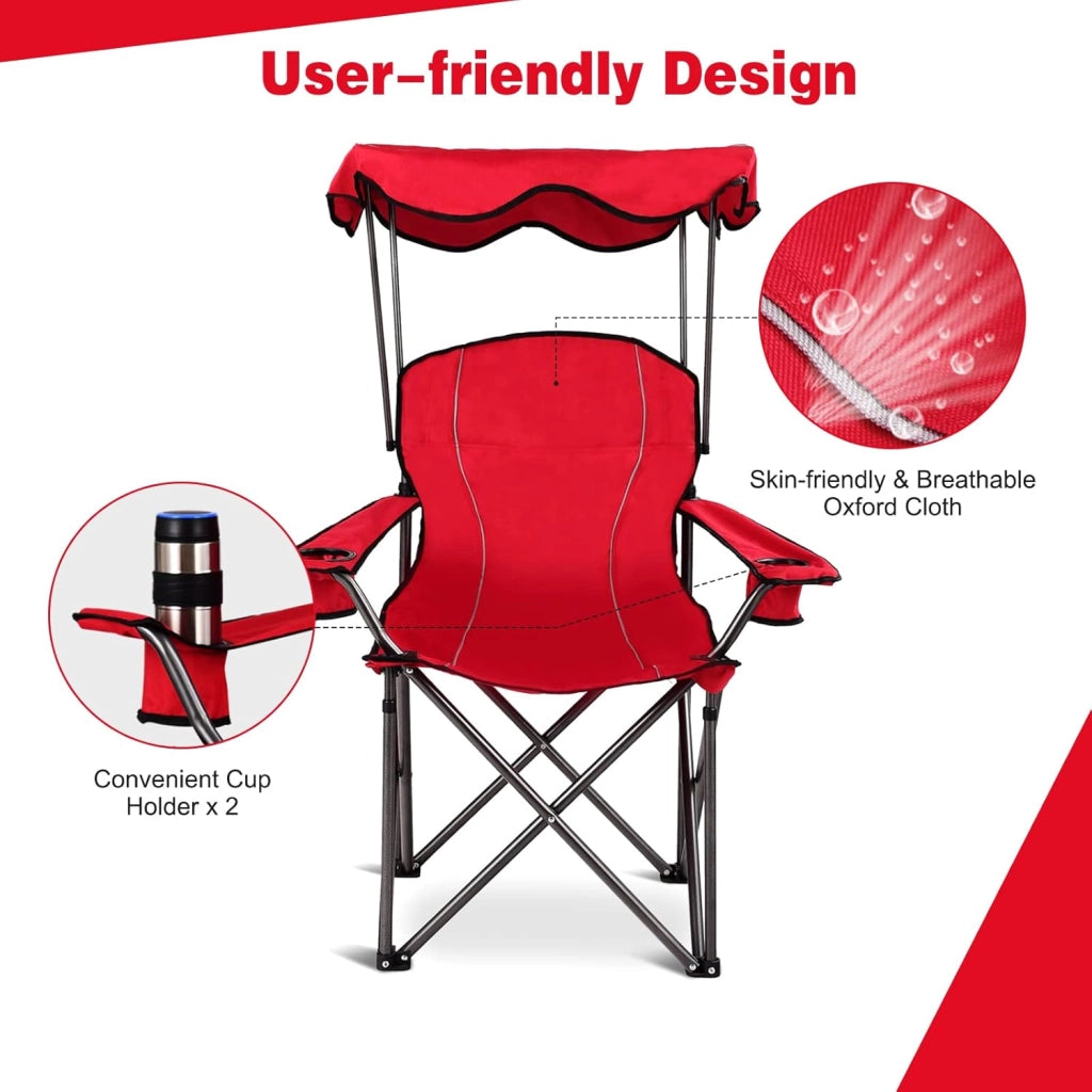 Sedia da campeggio con baldacchino, ombra, sedia da spiaggia e beach chair, pieghevole, con portabevande e borsa, per esterni, fino a 130 kg (rosso)