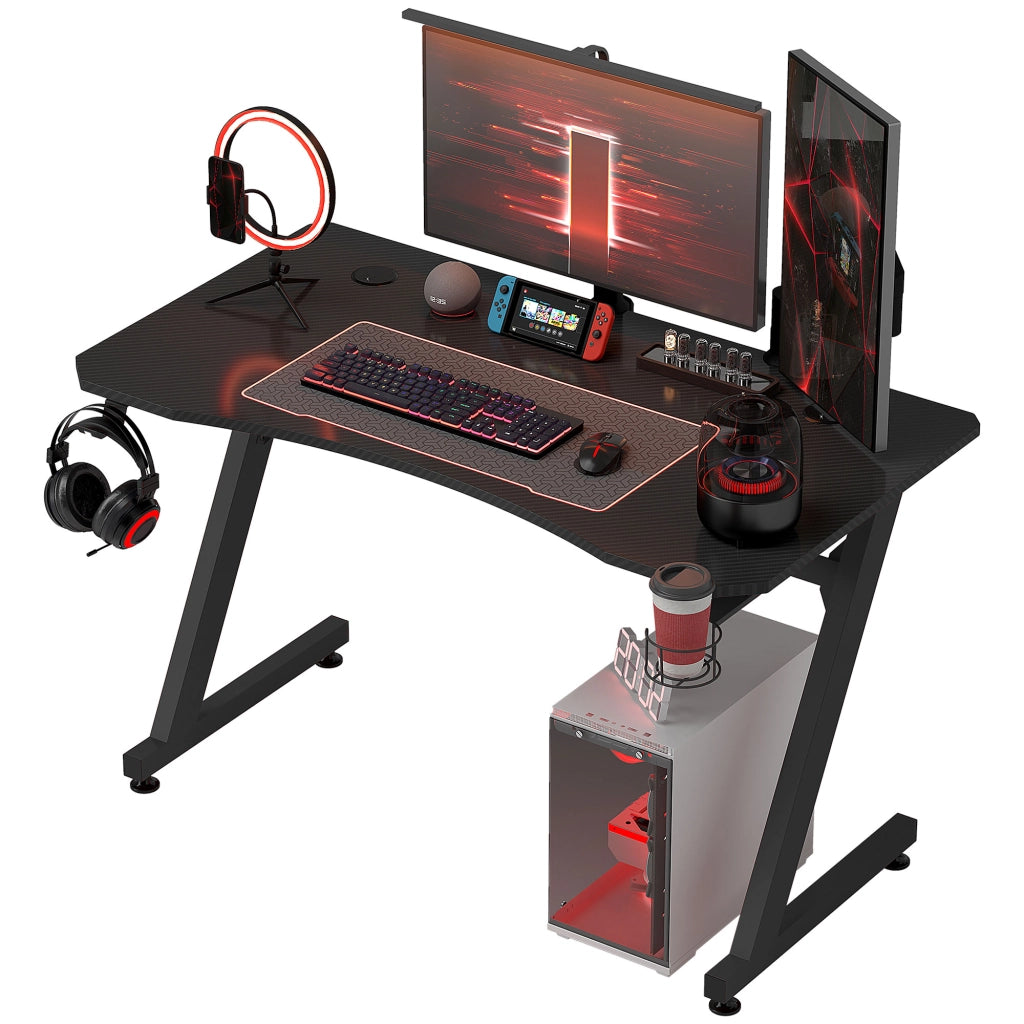 Scrivania Gaming con Supporto Monitor e Porta Auricolari ¨C zephmum ¨C Nero Effetto Fibra di Carbonio 120x65x74.5 cm