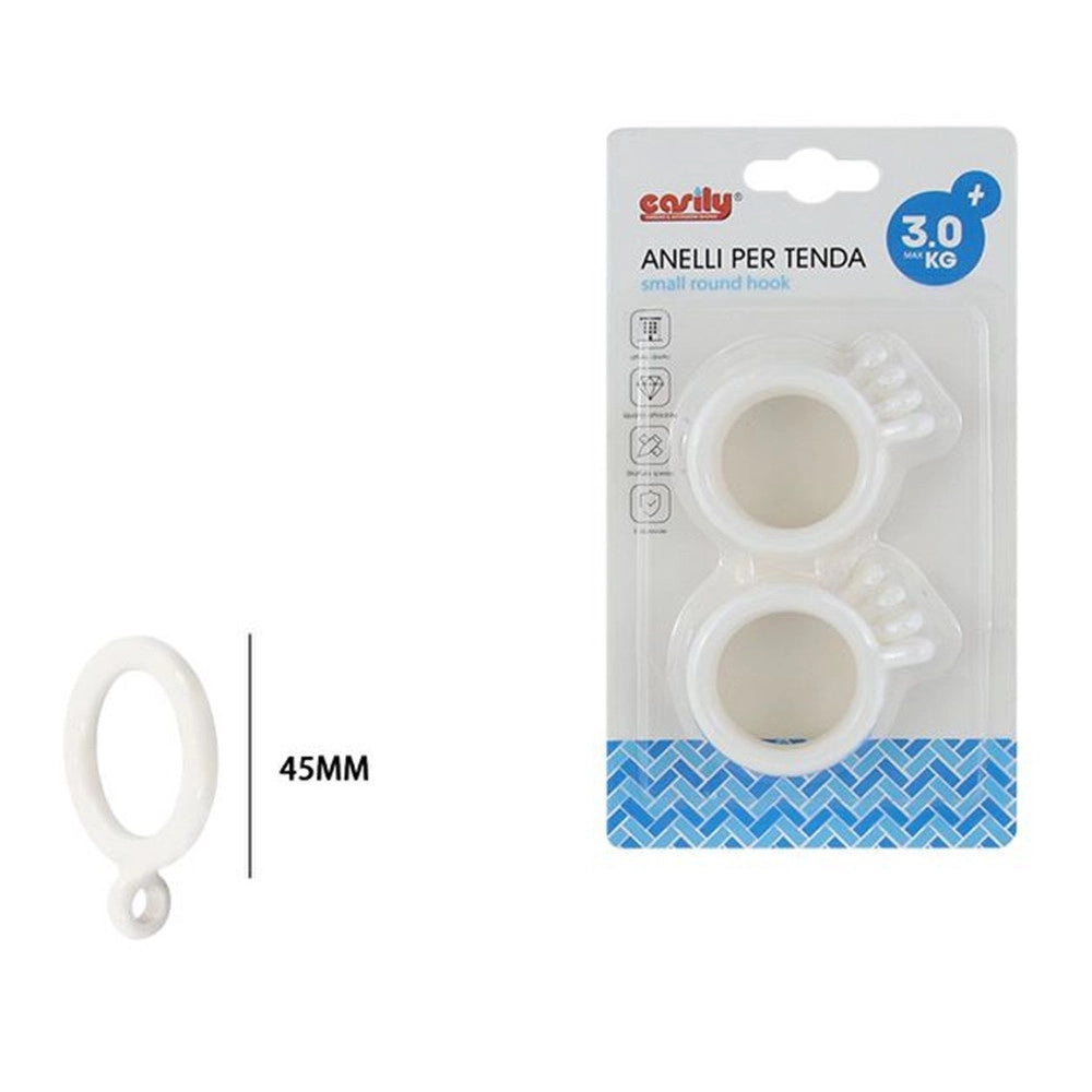 Trade Shop - Set 8 Pz Anelli Gancio Ad Anello Per Tende In Plastica Da 45 Mm Bianco Tondi Bagno 87352 -