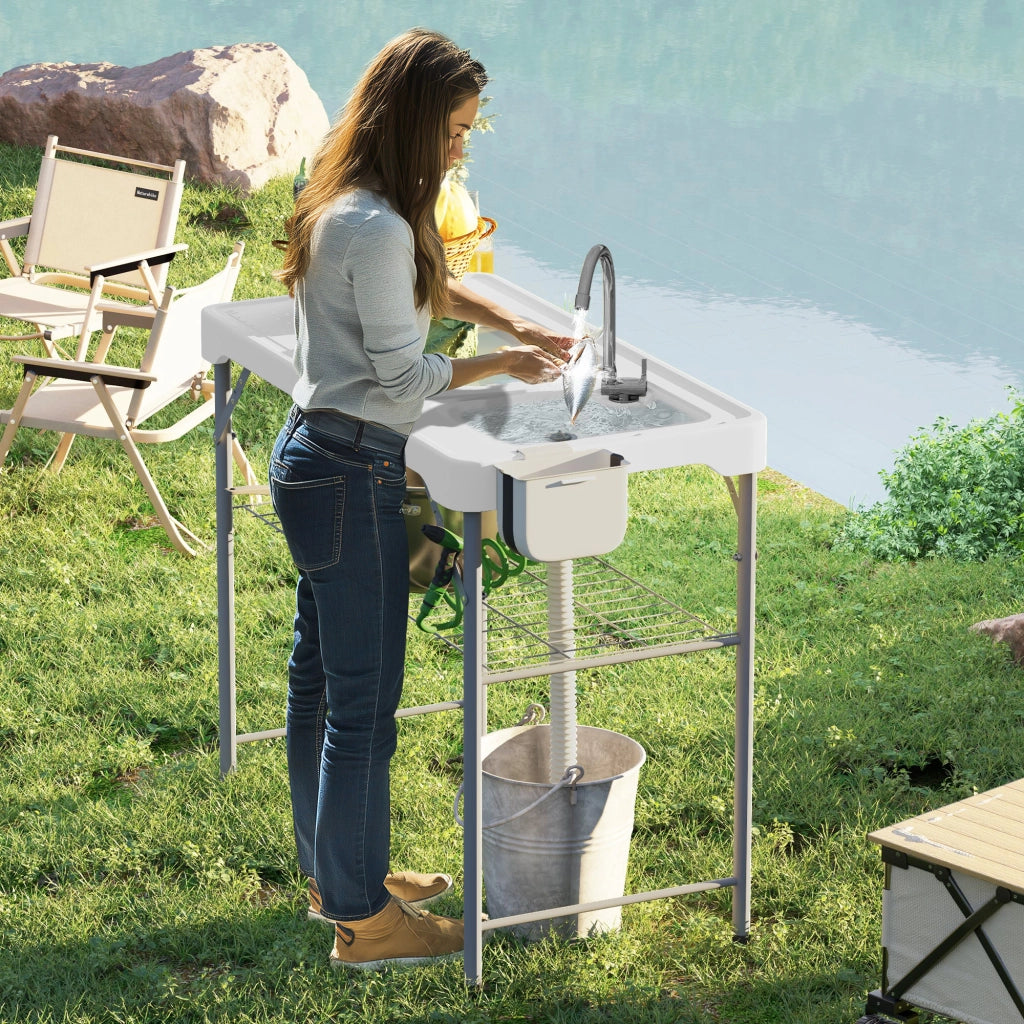 Tavolo Pieghevole per Esterno con Lavello e Rubinetto ¨C Zephmum ¨C Bianco 120x60x80 cm