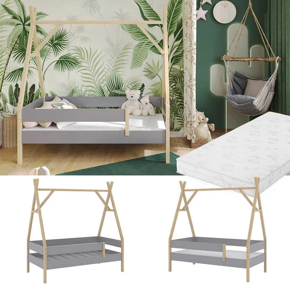 Letto Tipi Bali, Grigio, 80x160 cm con materasso, con ruote per un utilizzo flessibile sotto i letti a soppalco