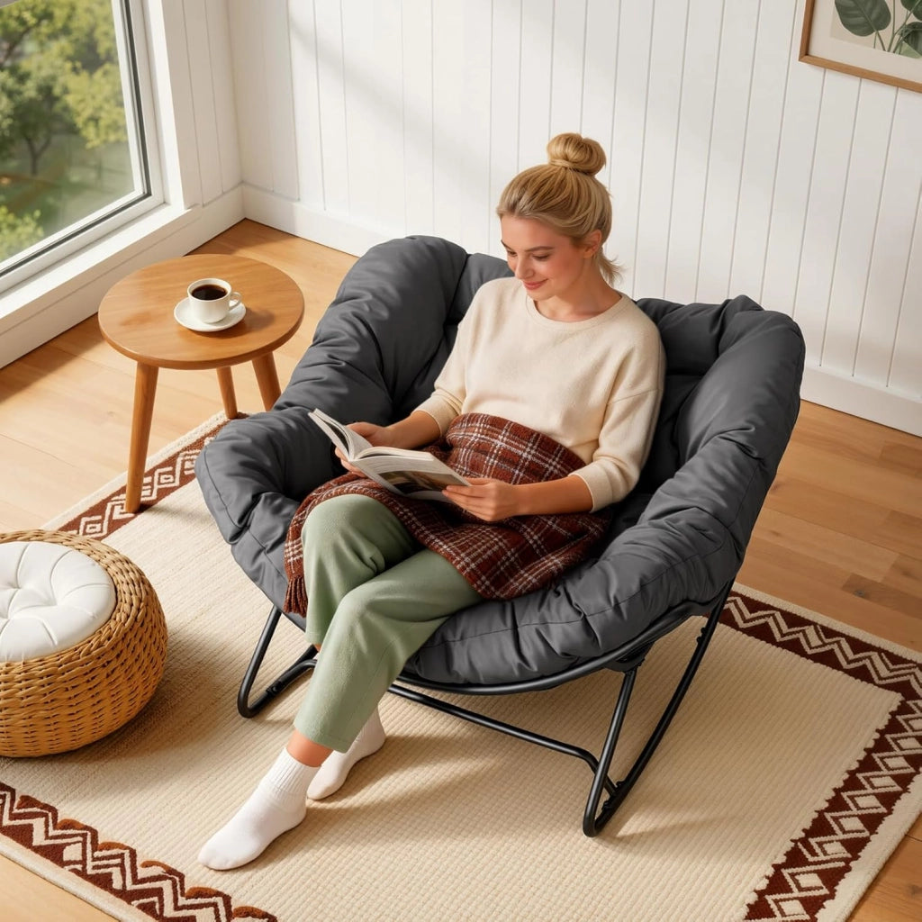 Sedia a Dondolo a Forma di Uovo, Poltrona Relax con Gambe Curve, Struttura in Metallo e Cuscino in Poliestere, Portata 150 kg, per Salotto e Balcone, Grigio Scuro
