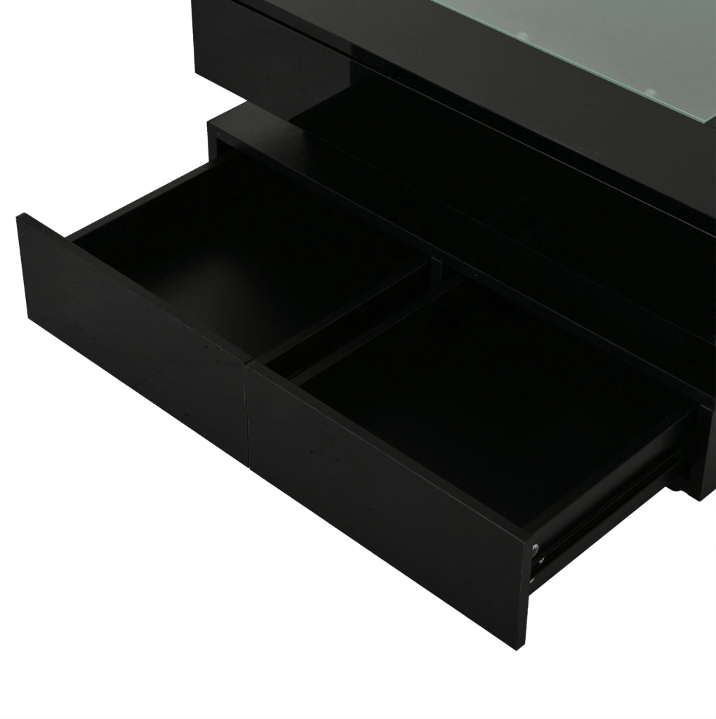 Tavolino da salotto quadrato 70 x 70 x 35 cm con 3 cassetti; vetro temperato e LED; nero
