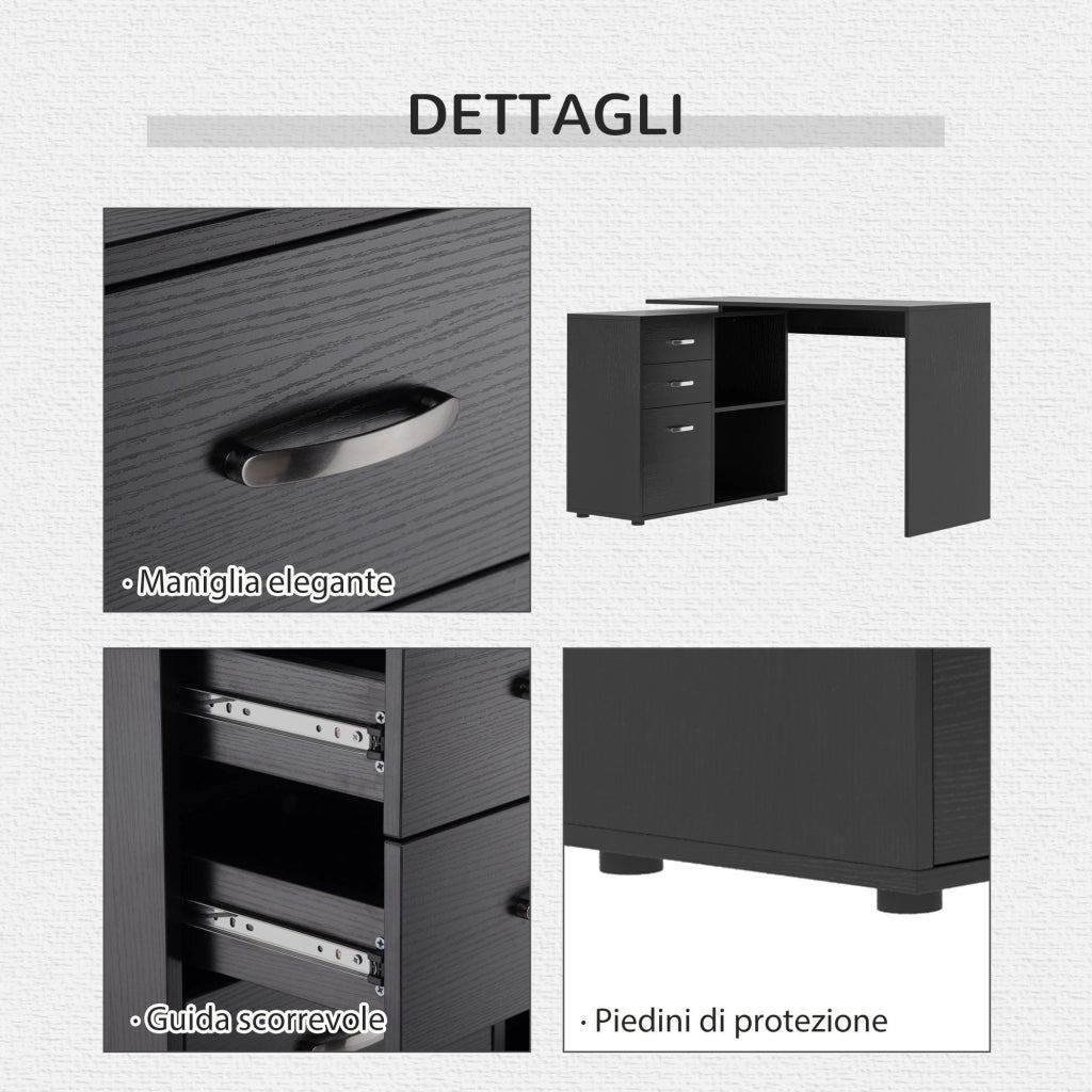 Scrivania Angolare per PC con 2 Cassetti e Ripiani Aperti ¨C Zephmum ¨C Legno e Metallo, Nero, 117x83.5x76 cm