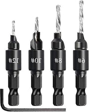 Punti per trapano in legno 3in1 con rilascio rapido a profondità regolabile, set da 4 con chiave a sei facce, diametri 6, 8, 10 e 12 mm, con punta per rifilare e trapano a vite zincata.