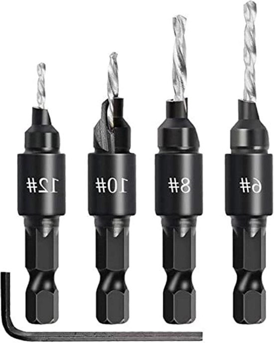 Punti per trapano in legno 3in1 con rilascio rapido a profondità regolabile, set da 4 con chiave a sei facce, diametri 6, 8, 10 e 12 mm, con punta per rifilare e trapano a vite zincata.