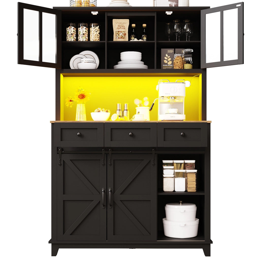 Credenza da Cucina Vetrina con 2 Ante Scorrevoli; 3 Ripiani Regolabili e LED per Cucina in MDF Nero 105x38;4x180 cm
