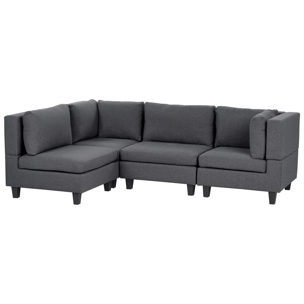 Divano componibile a 4 posti imbottito in tessuto grigio scuro gambe nere lato destro con ottomana stile moderno