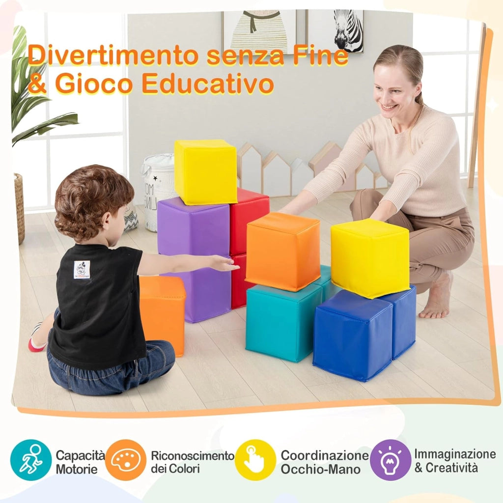Set di 12 Blocchi da Costruzione in Schiuma EPE, Cubi Colorati 14 x 14 cm con Copertura in Finta Pelle Impermeabile, Blocchi Morbidi per Bambini per Impilare e Arrampicarsi (Rosso e Giallo)