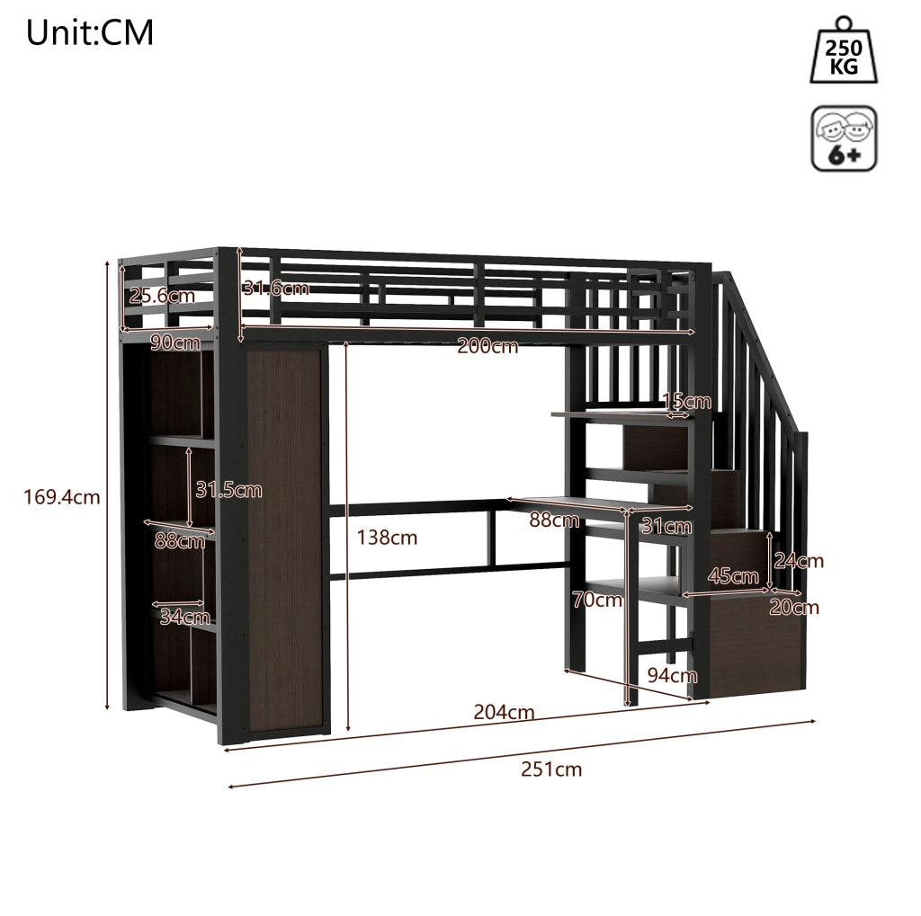 Letto a soppalco 90x200 cm con scrivania, LED e ripiani