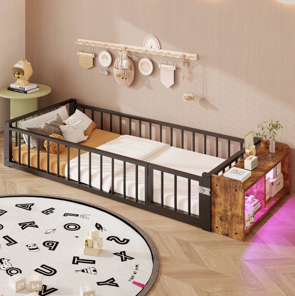 Letto singolo per bambini 90x200 cm con LED e vano, nero