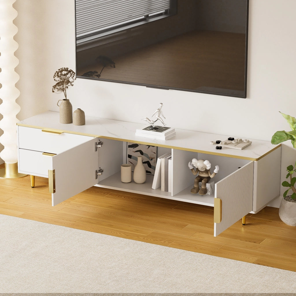 Mobile porta TV con 2 cassetti e 2 vani a giorno in MDF e pannello truciolare bianco e oro 170 × 37 × 45 cm
