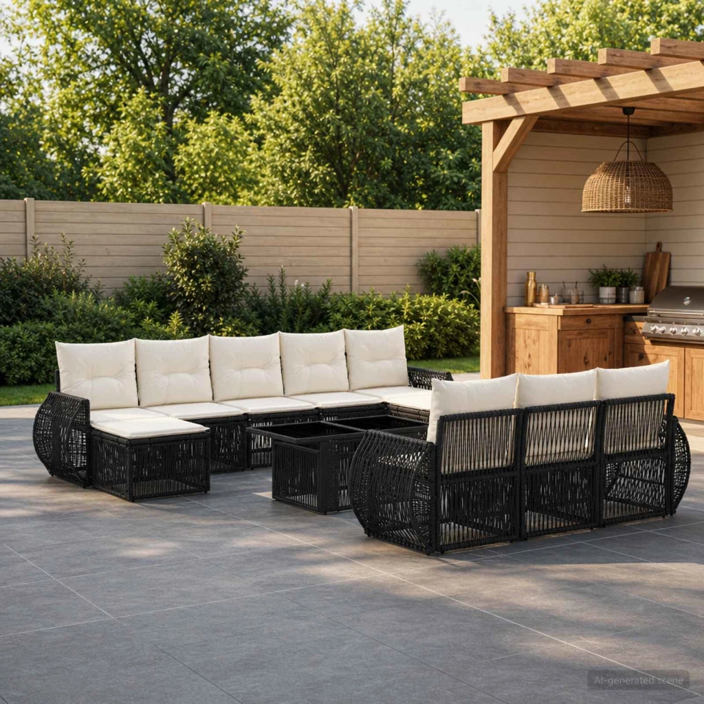 Set Divano da Giardino 11 pz Nero e Bianco Crema polyrattan 3437005