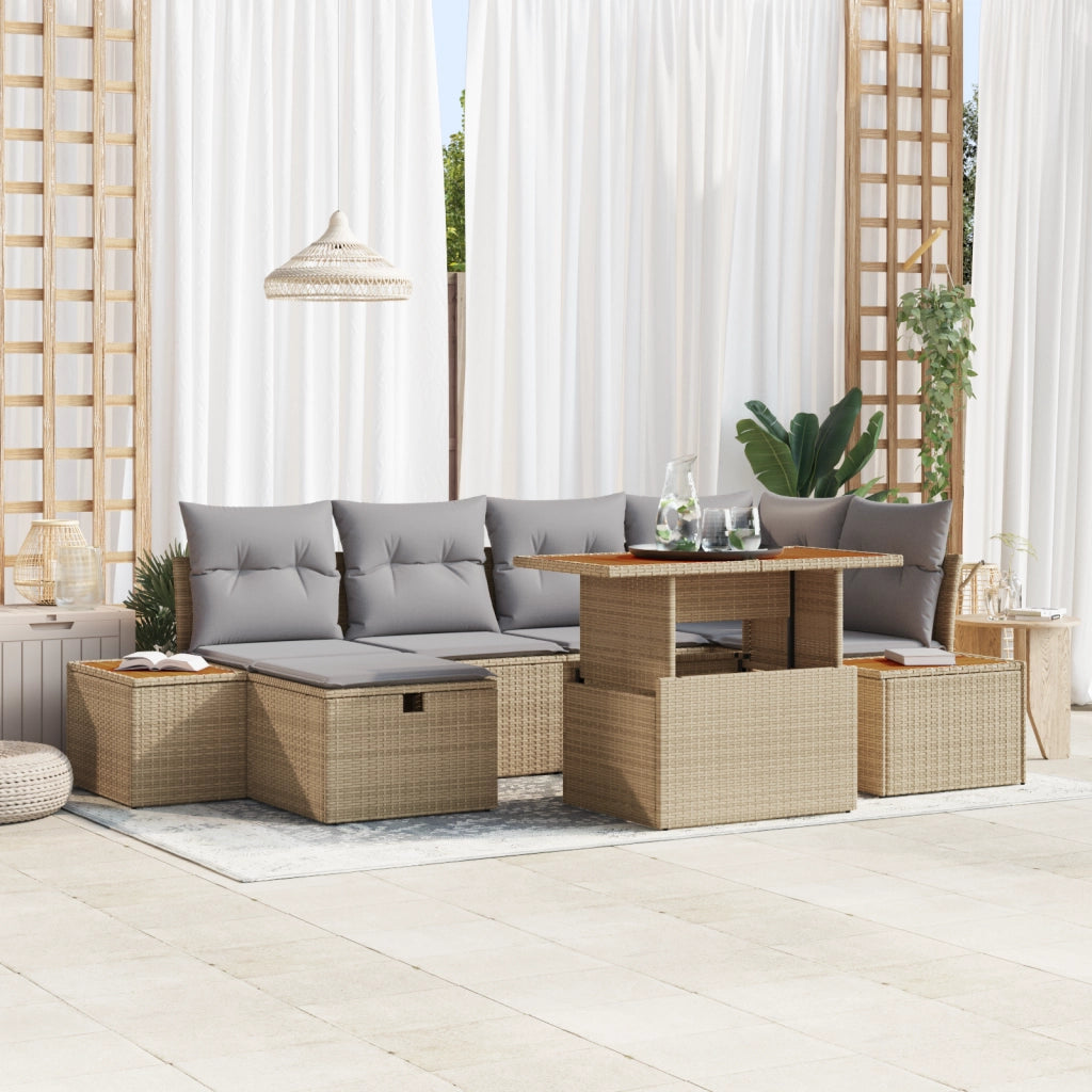 Set Divano da Giardino 7 Pezzi con Cuscini Beige in Polirattan