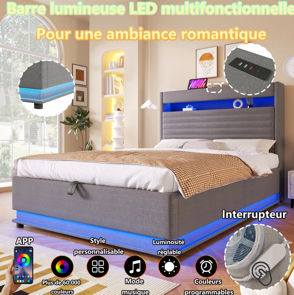 Letto imbottito ULEVR 140x200 cm con contenitore idraulico, LED, USB e Type-C, lino grigio