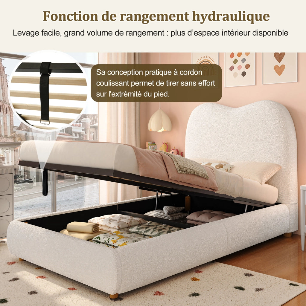 Letto imbottito per bambini con vano contenitore idraulico e rete; bouclé beige