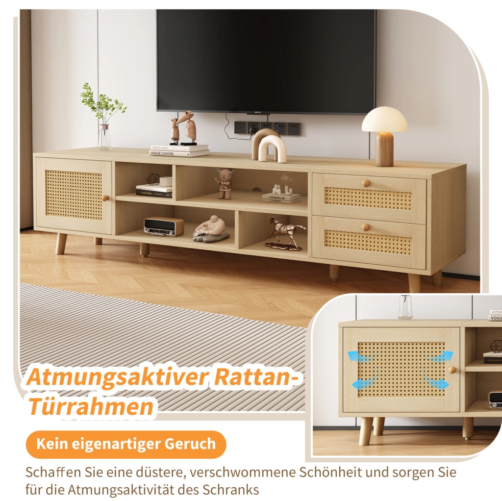 Mobile TV 160 cm effetto rovere con rattan, 2 cassetti e anta