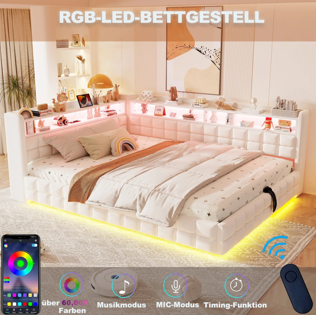 Divano letto imbottito 140x200 cm con contenitore idraulico; LED; USB-C; velluto beige