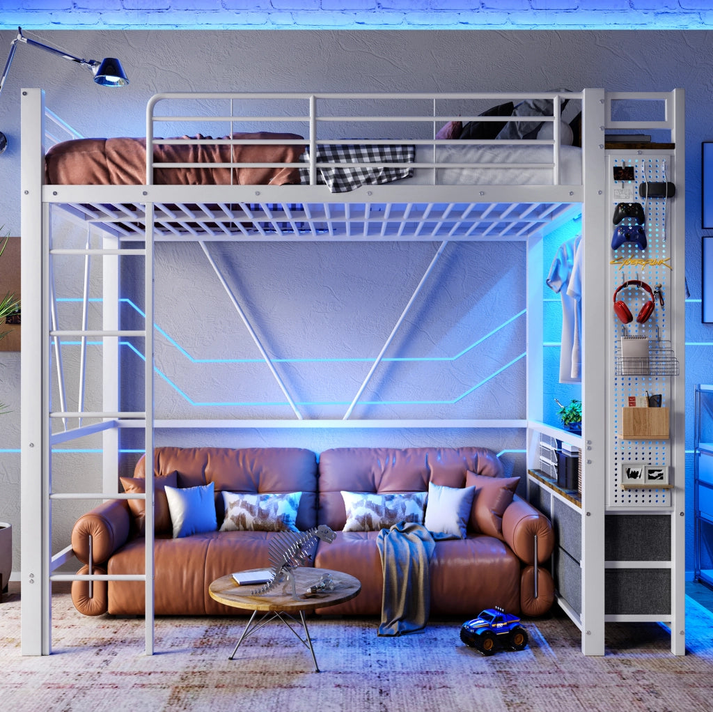 Letto a soppalco 90x200 cm con cassetti LED e ricarica USB-C