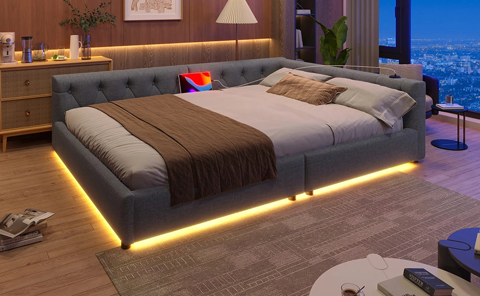 DESMIU Letto a giorno 140 × 200 cm 2 posti con USB, Type-C e LED, senza materasso, in lino, grigio