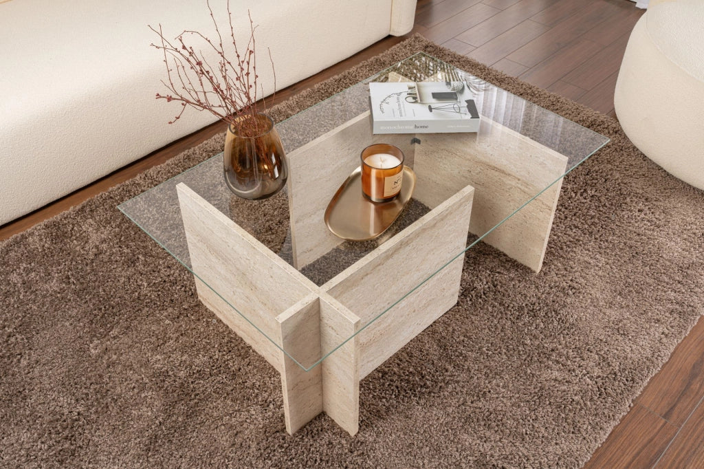 Tavolino in legno "Vetrino" - 105 x 65 x 40 cm - Travertino
