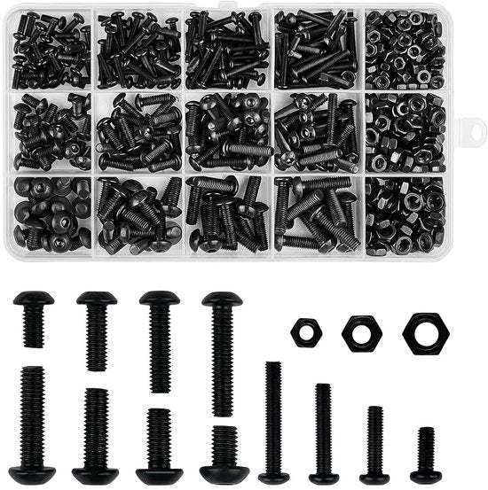 Set a Bottone e Viti a Testa Zeskant 500 pz Nero - Assortimento Viti a Filetto M3 M4 M5