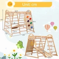 Struttura da arrampicata multifunzionale 7-in-1, altalena, scala da arrampicata, scivolo, rete, pietre da arrampicata, anelli, casetta tenda, 134×120×120 cm, Naturale