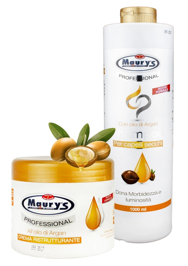 MAURY'S PROFESSIONAL TRATTAMENTO CAPELLI SECCHI SHAMPOO E MASCHERA CON OLIO DI ARGAN MAXI FORMATO 1,5 LT SENZA PARABENI ANALLERGICO