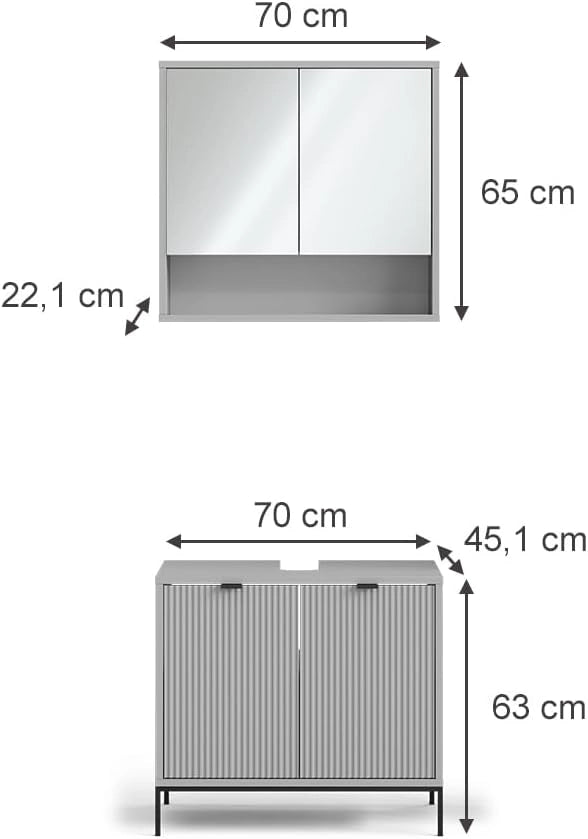 Set di mobili da bagno Eliza, Grigio, 70 cm, composto da specchio da bagno e mobile sottolavabo
