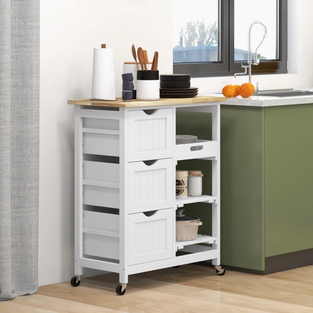 Carrello da Cucina in Legno con 3 Cassetti e 3 Ripiani Aperti, 67x37x85.5 cm, Bianco