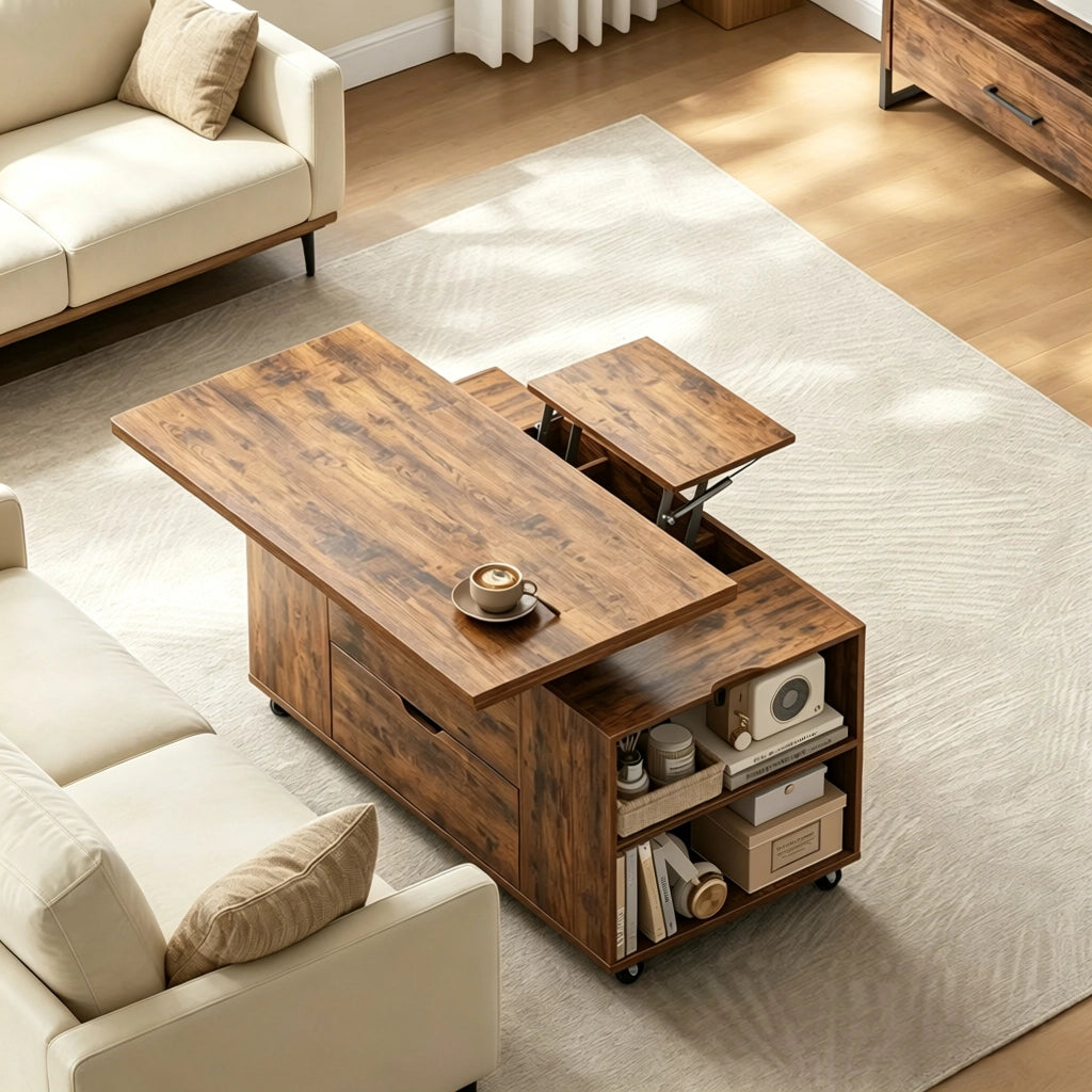Tavolino basso sollevabile con ruote e 1 cassetto, vani aperti per soggiorno, marrone rustico, 50,5 × 100 × 53 cm