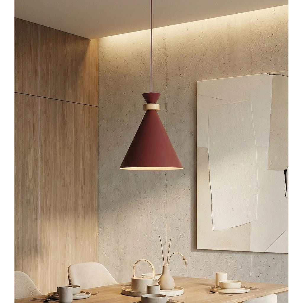 Lampada a sospensione Zero bordeaux con inserti in legno