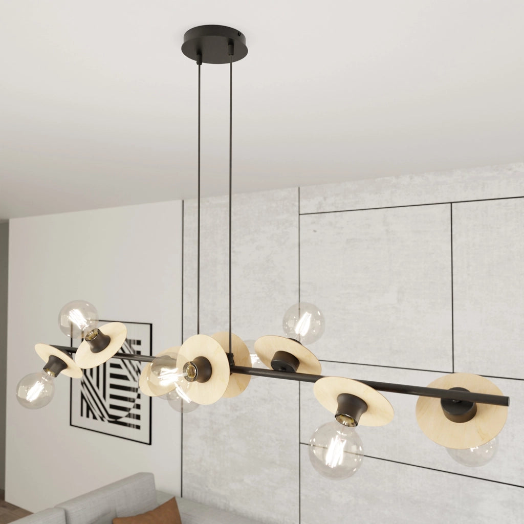 Lampadario 8 Luci Nuit Acciaio Nero E Legno Con Barra E Diffusori A Piatti