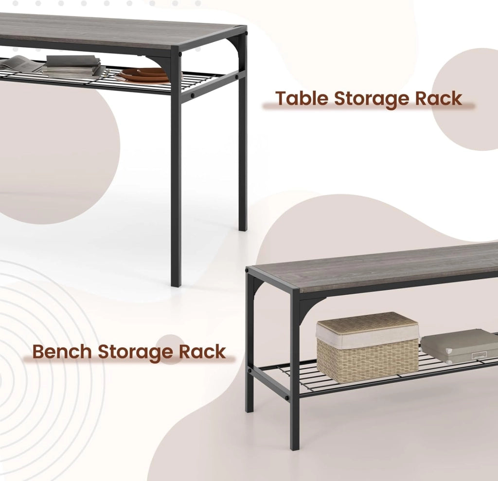 Set di tavolo da pranzo per 4, tavolo rettangolare con 2 sedie, 1 panchina, mensole, telaio in metallo resistente, set da pranzo da 4 pezzi, sala da pranzo, cucina (grigio), NF88000