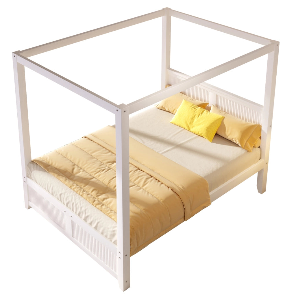 Letto a baldacchino 140 x 200 cm con lamelle verticali in pino e MDF; bianco