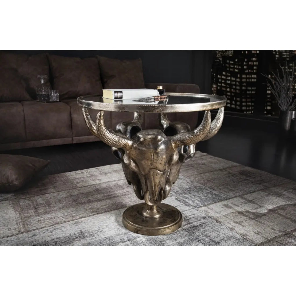 Tavolino basso TAURVIK rotondo 56 cm in alluminio bronzo e vetro stile barocco