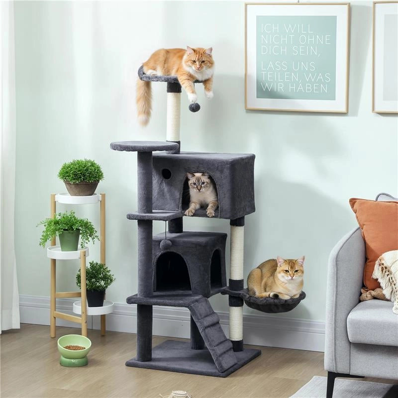 ALBERO PER GATTI ALTO 140 CM CON 2 CASETTE, LETTINO E AMACA PER 2-3 GATTI, RIVESTIMENTO PELUCHE, GRIGIO