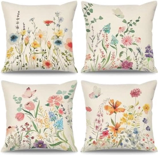 Set di 4 copertine per cuscini, coperture estive per cuscini, outdoor, bohemien, rurale, fiori selvatici, farfalle, coperture decorative per cuscini, copertura per cuscini per giardino per uso domestico, camera da letto, divano, terrazza