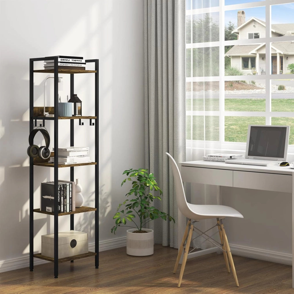 Libreria a 6 Ripiani, Scaffale con 4 Ganci Industriale, Scaffale a Scala in MDF e Metallo per Soggiorno, Cucina, Studio, Ufficio,Bianco,40x30x187cm RGB931hov