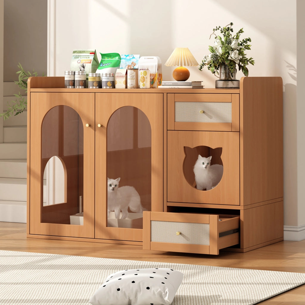 Mobile coperto per lettiera per gatti 5 in 1 con vano riposo e cassetto ciotole, in MDF e vetro, noce, 120 × 45 × 76 cm