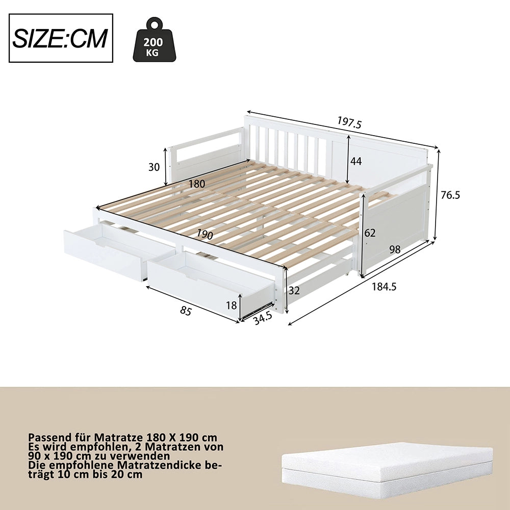 Letto daybed - Xylo - 90/180x190 cm 2 in 1 pino bianco