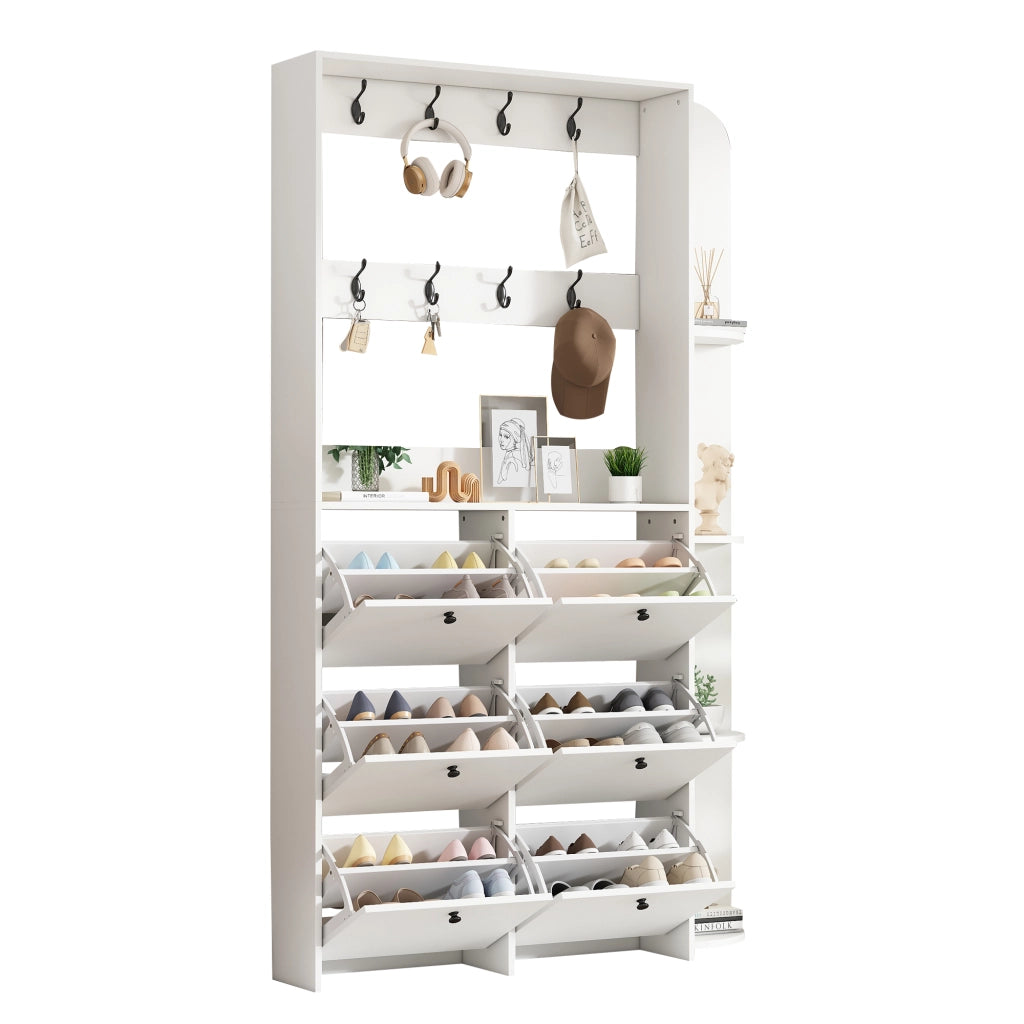 Scarpiera Multifunzione con Appendiabiti ¨C MINIMAL ¨C Bianco, 8 Ganci, 5 Ripiani, 120x24x200 cm