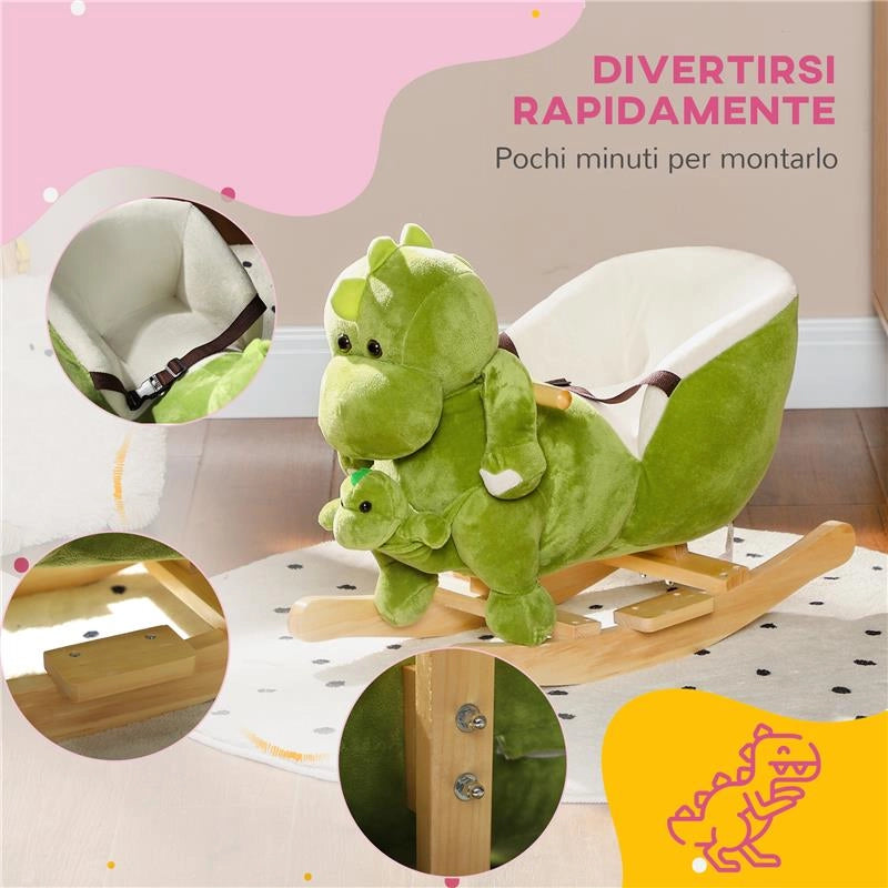 CAVALLO A DONDOLO PER BAMBINI 18-36 MESI A DINOSAURO CON SUONI E RIVESTIMENTO MORBIDO 62X33X45 CM VERDE