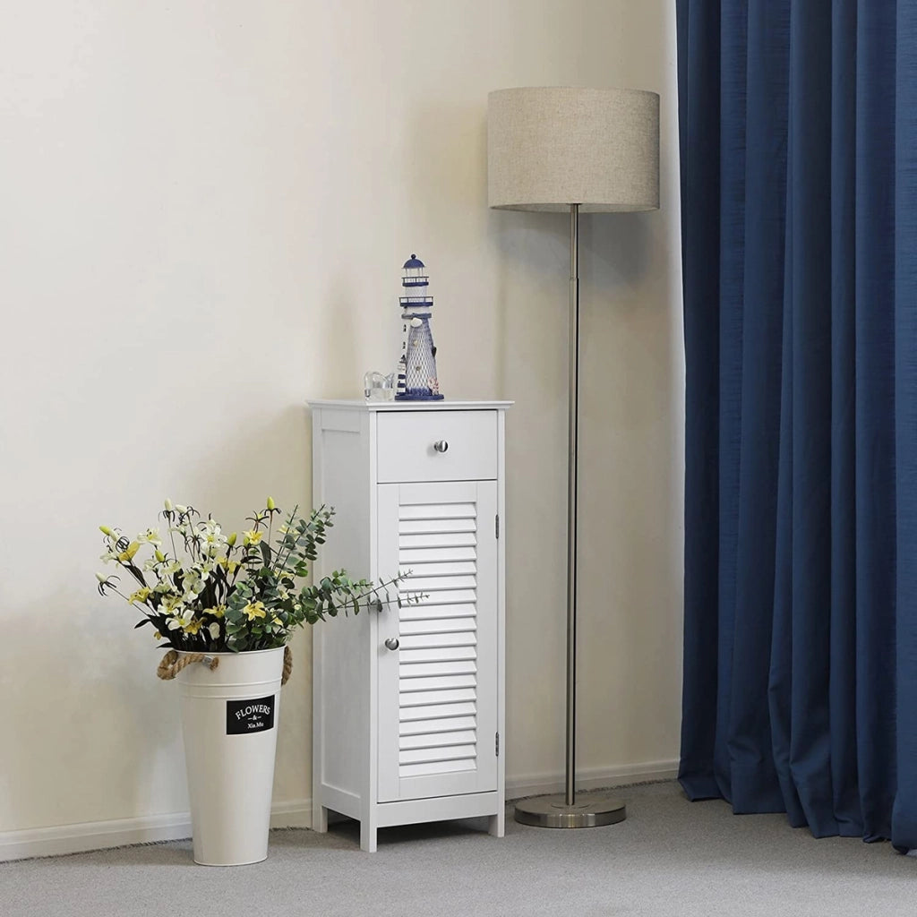 Colonna Bagno Bianca con Cassetto e Ante a Persiana - MDF