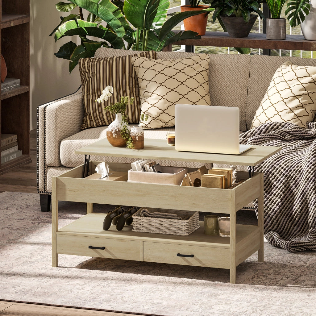 Tavolino da caff¨¨ elevabile con cassetti e ripiano ¨C Xylo ¨C Rovere 100x50x48-62 cm