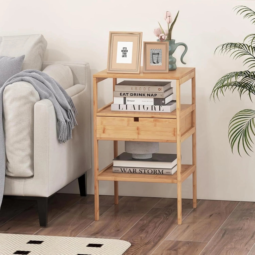 Comodini, materiale ecologico in bambù, comodino a 3 ripiani, tavolino rustico con cassetto, per balcone, soggiorno, camera da letto, 40 x 40 x 45 cm (L x P x A), naturale (2)