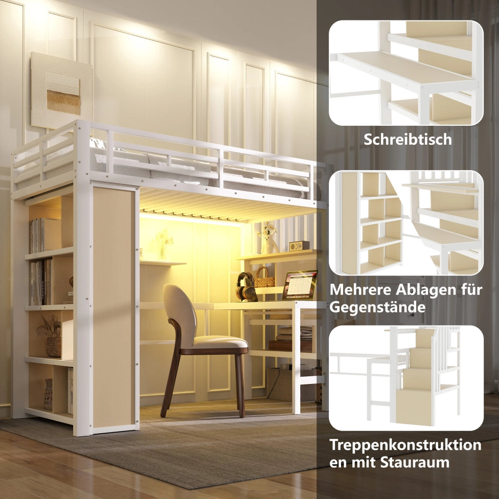 OKWISH Letto a soppalco 90×200 cm, Letto Singolo con Scrivania, Mensole, LED Regolabile e Scala con Contenitore, senza Materasso, Bianco