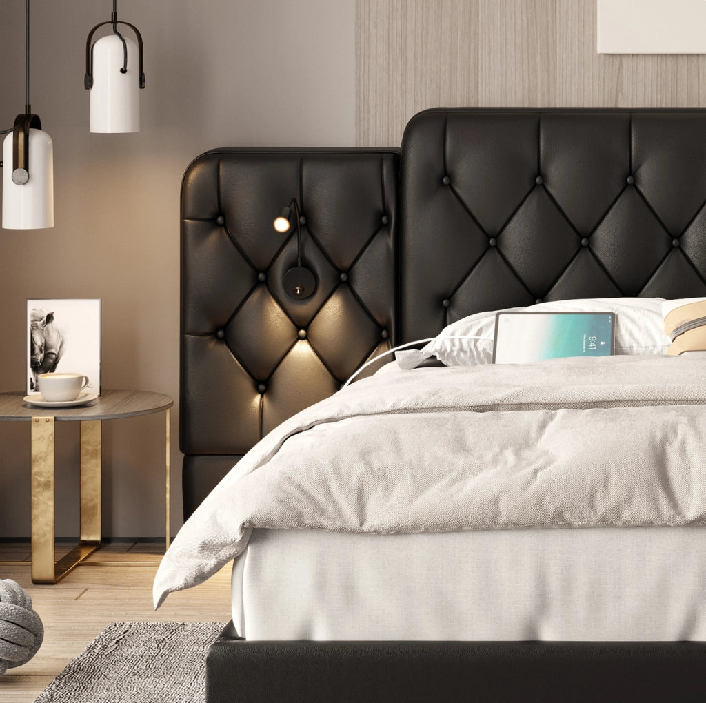 Letto matrimoniale 160x200 cm in PU nero con USB e luci