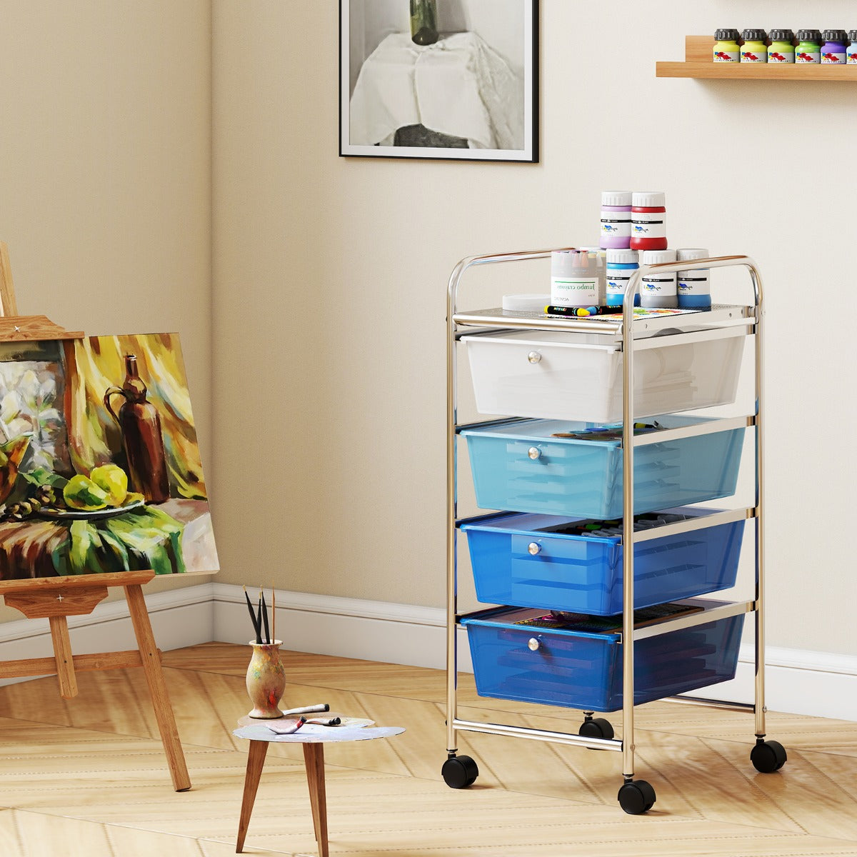 Carrello di stoccaggio mobile con ruote in plastica e telaio in metallo resistente, Carrello di stoccaggio con 4 cassetti Blu-Carrelli